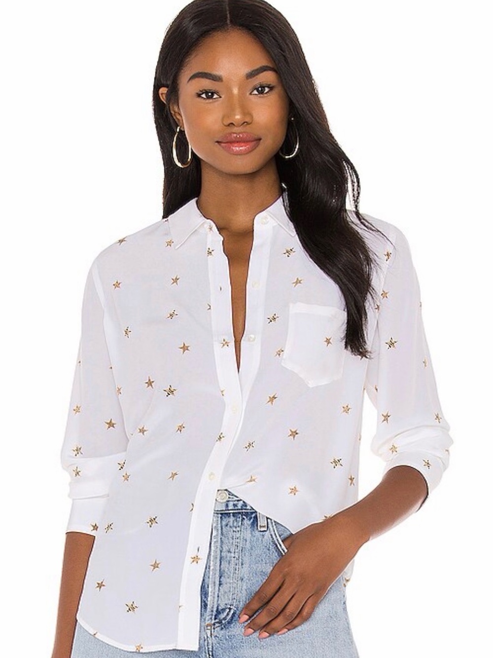 Nicole Miller White Button-Down Blouse with Gold Star Print